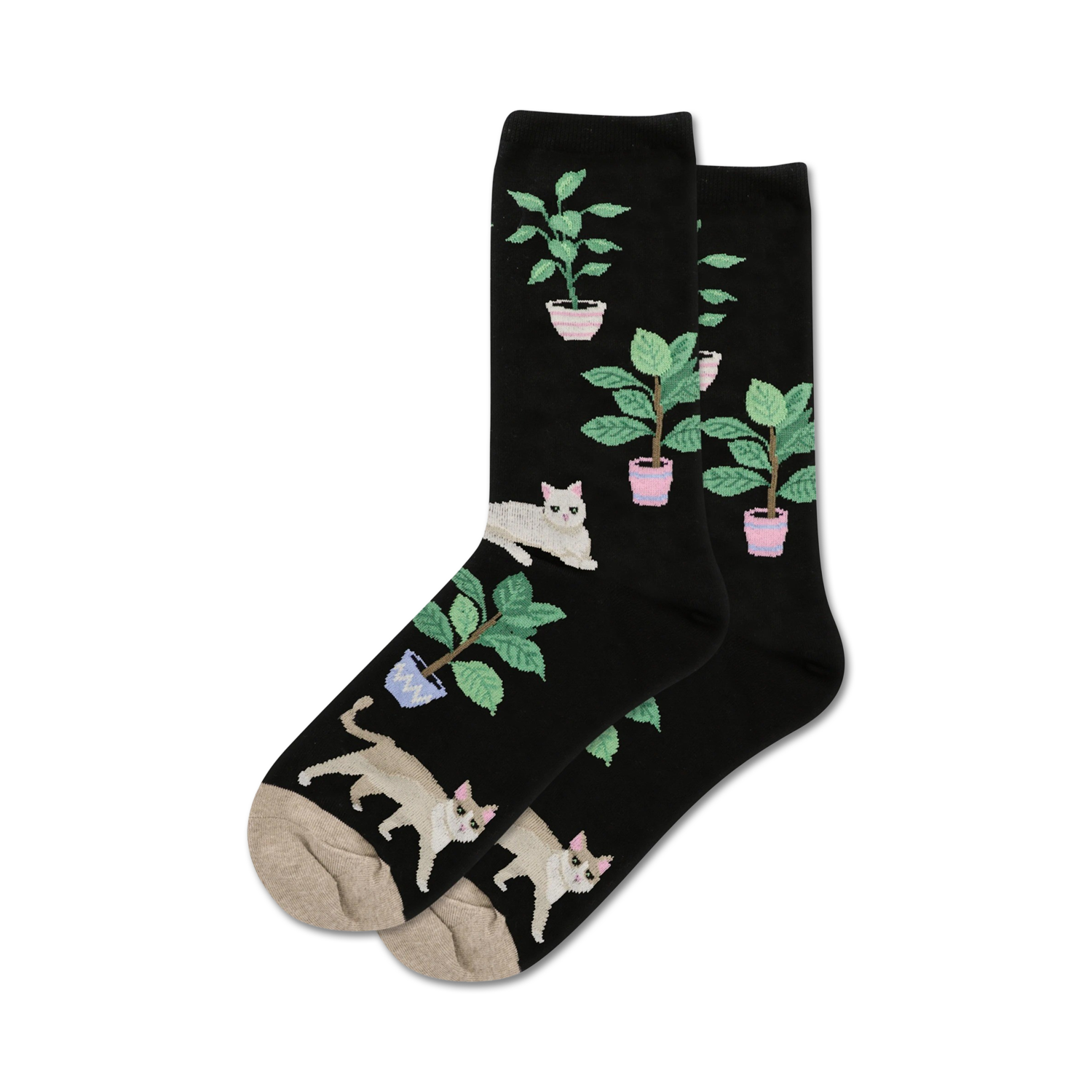 Pair of black crew socks with a whimsical design. Features illustrations of white cats and green potted plants.