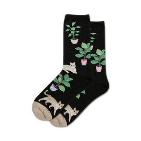 black crew socks with a pattern of white and gray cats and green plants.  
