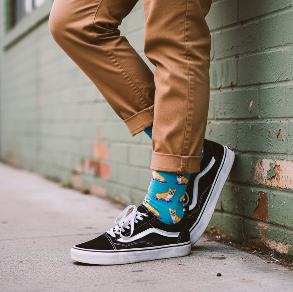 Blue crew socks with skateboarding corgis, styled with cuffed tan pants and black Vans sneakers outdoors. [lf]