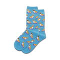 A pair of light blue crew socks with a repeating pattern of corgis wearing sunglasses and skateboarding on purple skateboards.