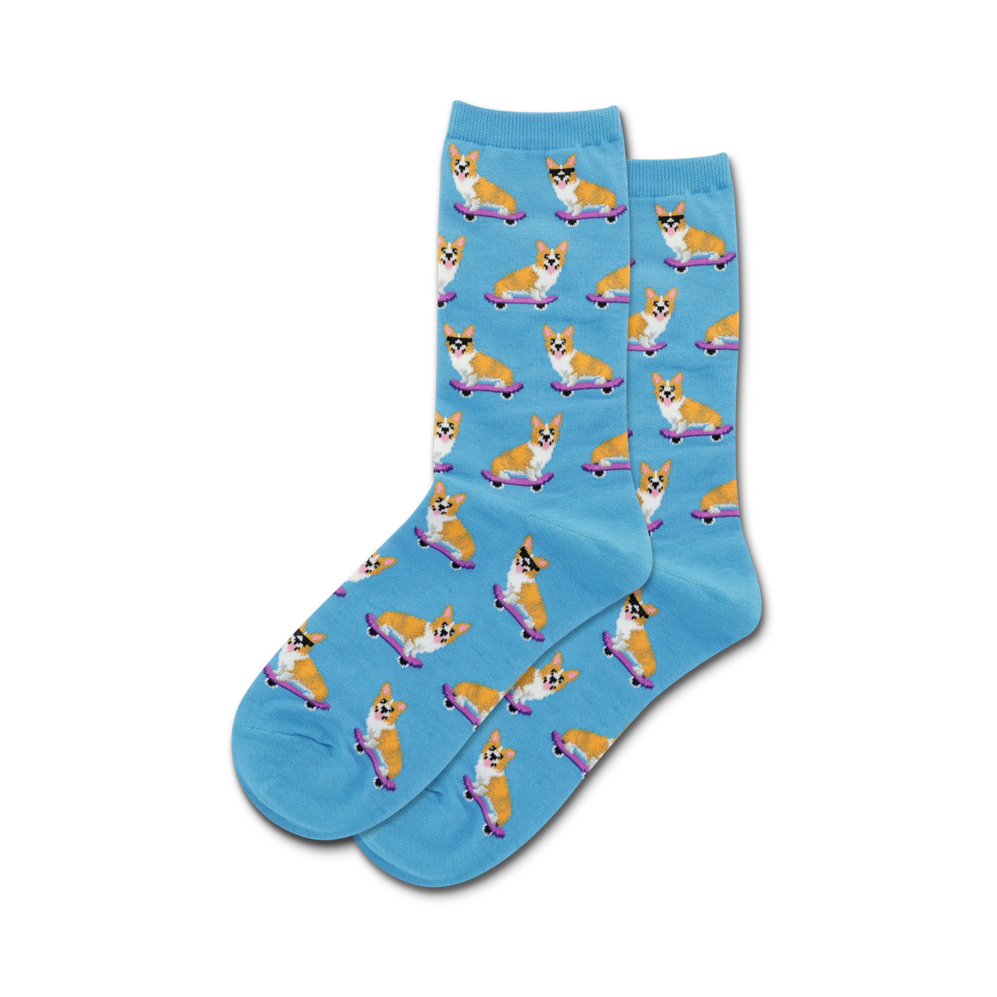 A pair of light blue crew socks with a repeating pattern of corgis wearing sunglasses and skateboarding on purple skateboards.
