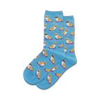 A pair of light blue crew socks with a repeating pattern of corgis wearing sunglasses and skateboarding on purple skateboards.