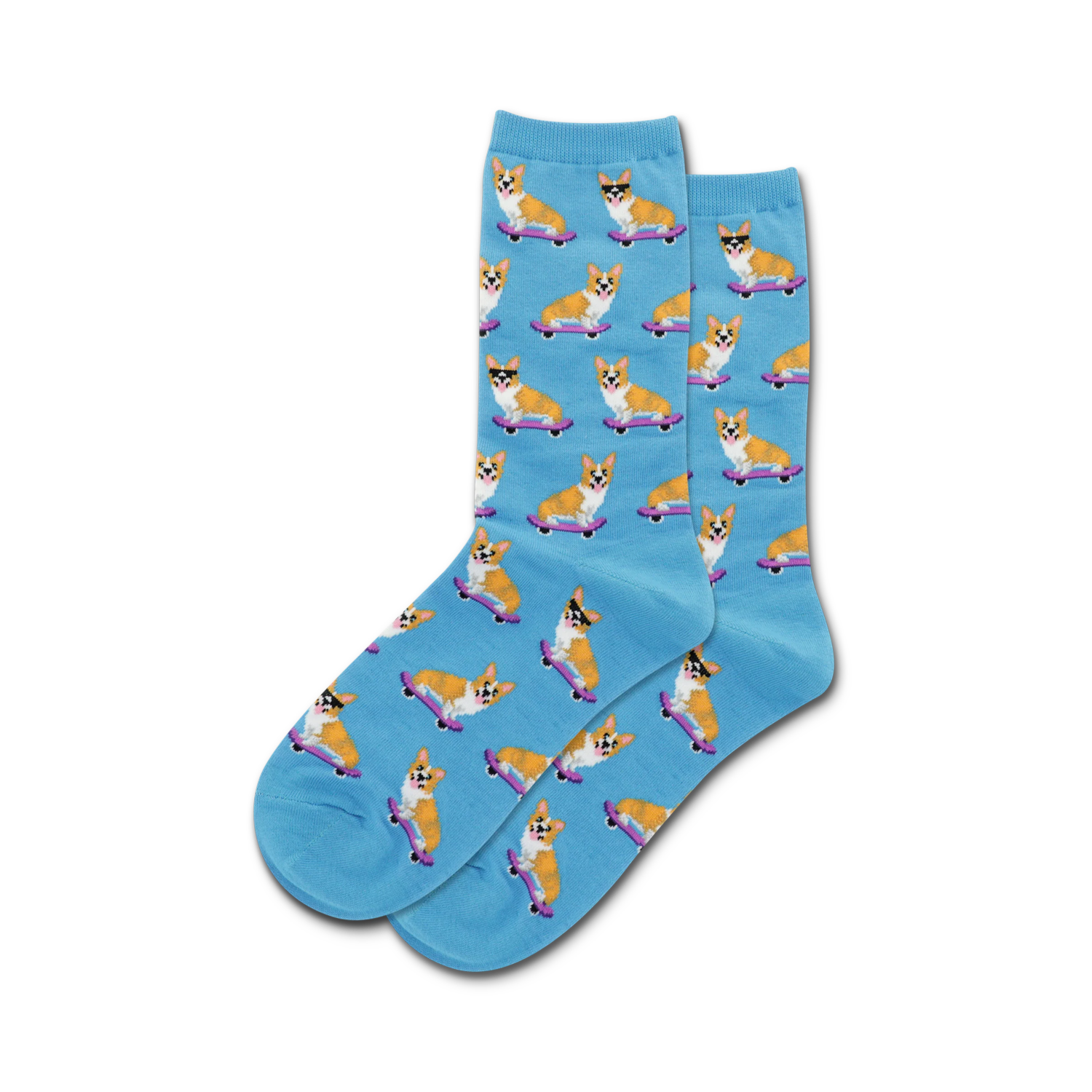 A pair of light blue crew socks with a repeating pattern of corgis wearing sunglasses and skateboarding on purple skateboards.