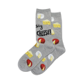 A pair of grey crew socks with illustrations of different types of cheese and the text 'Say Cheese!' printed on them.