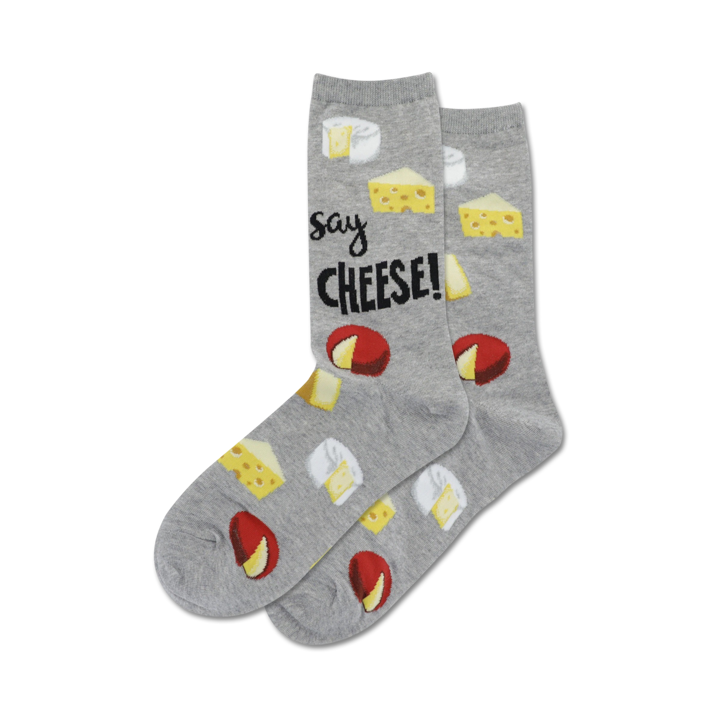 A pair of grey crew socks with illustrations of different types of cheese and the text 'Say Cheese!' printed on them.