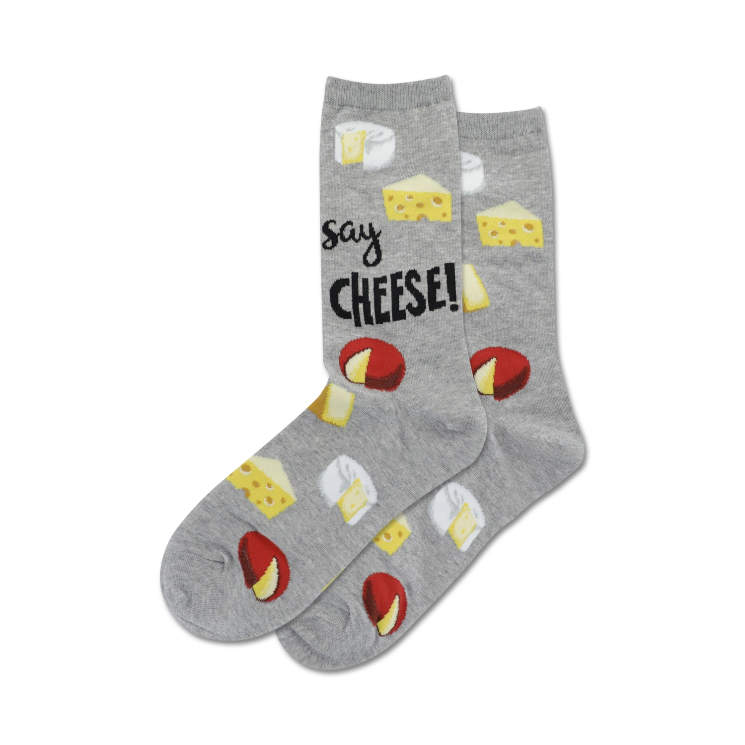 A pair of grey crew socks with illustrations of different types of cheese and the text 'Say Cheese!' printed on them.