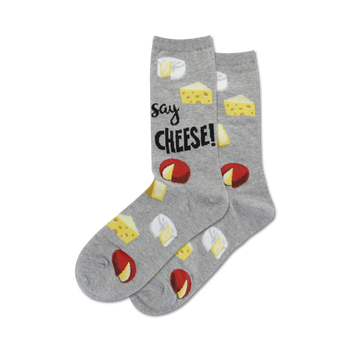 cheese themed novelty crew socks for women with the words 'say cheese!' written on them.    