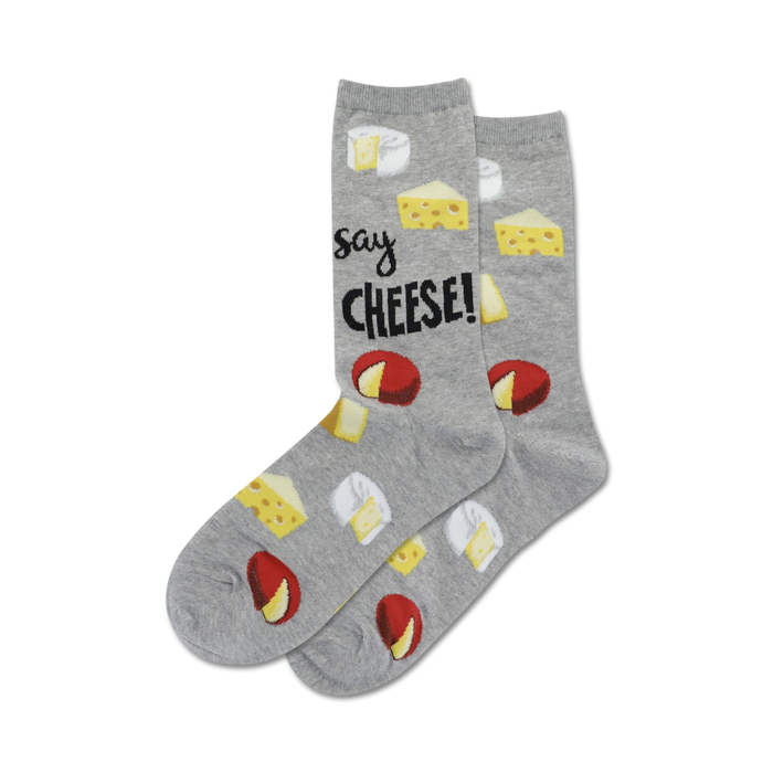cheese themed novelty crew socks for women with the words 'say cheese!' written on them.     }}