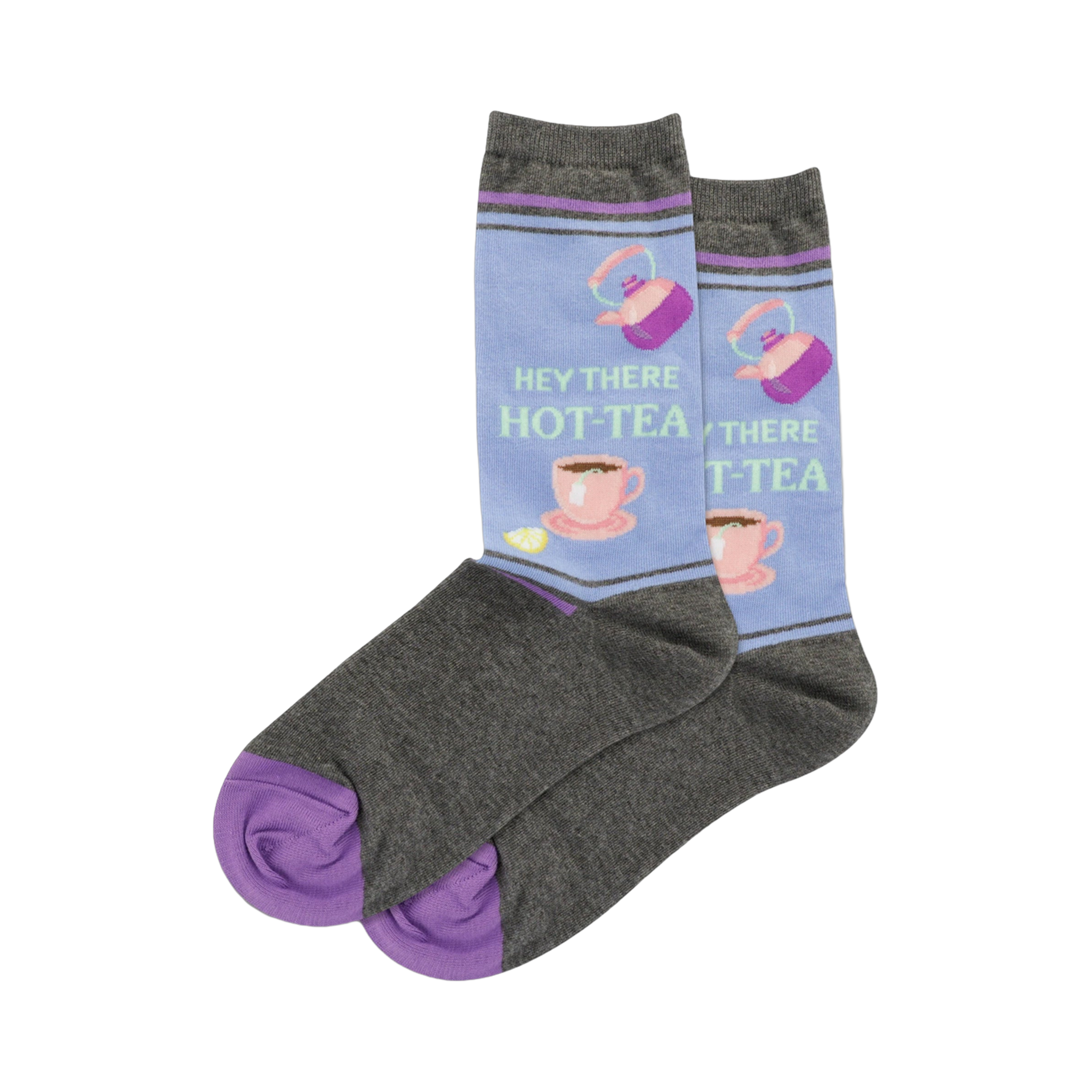 A pair of lavender 'Hey There HOT-TEA' socks with grey feet and purple toes. The design is similar to the main image but with a different color scheme.