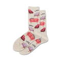 Cream crew socks with a repeating pattern of pink and purple sofas and grey cats.  A fun and comfy design!