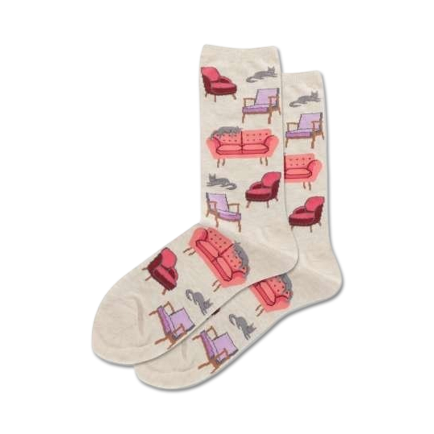 Cream crew socks with a repeating pattern of pink and purple sofas and grey cats.  A fun and comfy design!