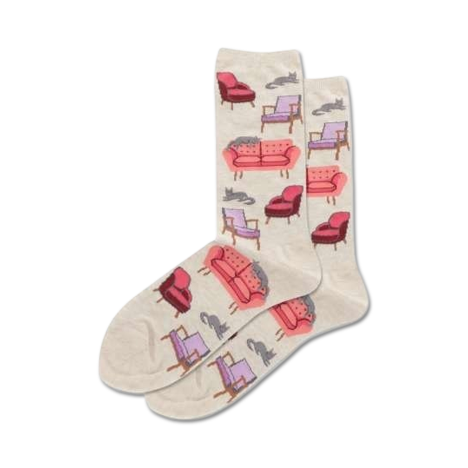 Cream crew socks with a repeating pattern of pink and purple sofas and grey cats.  A fun and comfy design!