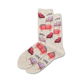 cat and sofa socks with gray and black cats on pink purple sofas. womens crew length.   