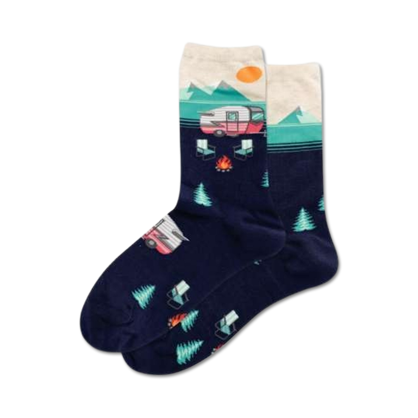 Pair of crew socks in navy blue with a cream and teal camper van design, mountains, and trees. 