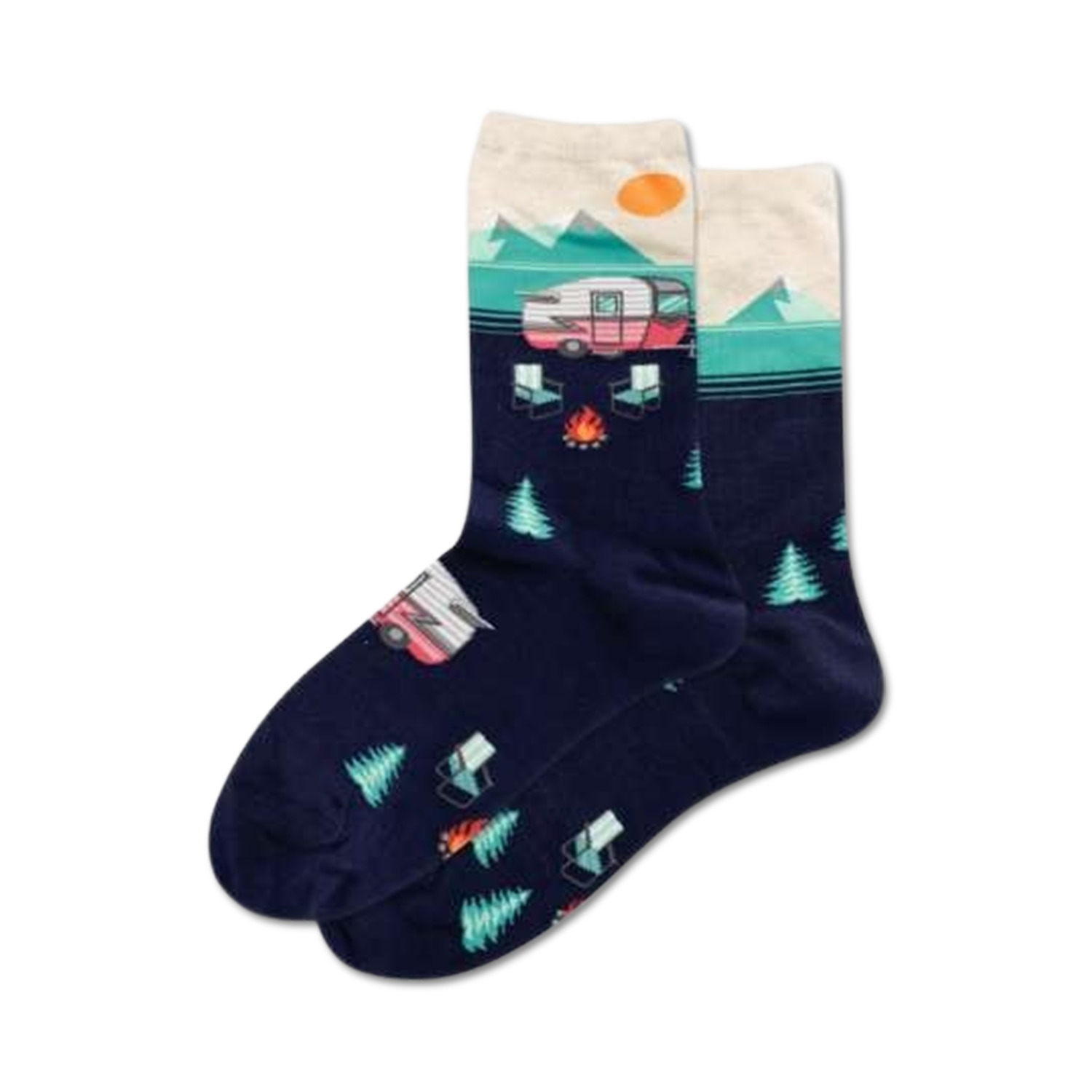 Pair of crew socks in navy blue with a cream and teal camper van design, mountains, and trees. 