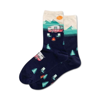 camper scene crew socks: trek through a mountain wilderness with cozy socks featuring a solo camper, campfire, and sunset.  