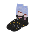 Crew socks in light blue and dark grey. Feature a Cavalier King Charles Spaniel in a bathtub with bubbles, and a pattern of rubber duckies and bones.