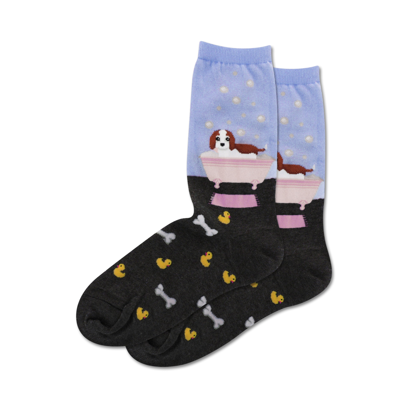 Crew socks in light blue and dark grey. Feature a Cavalier King Charles Spaniel in a bathtub with bubbles, and a pattern of rubber duckies and bones.