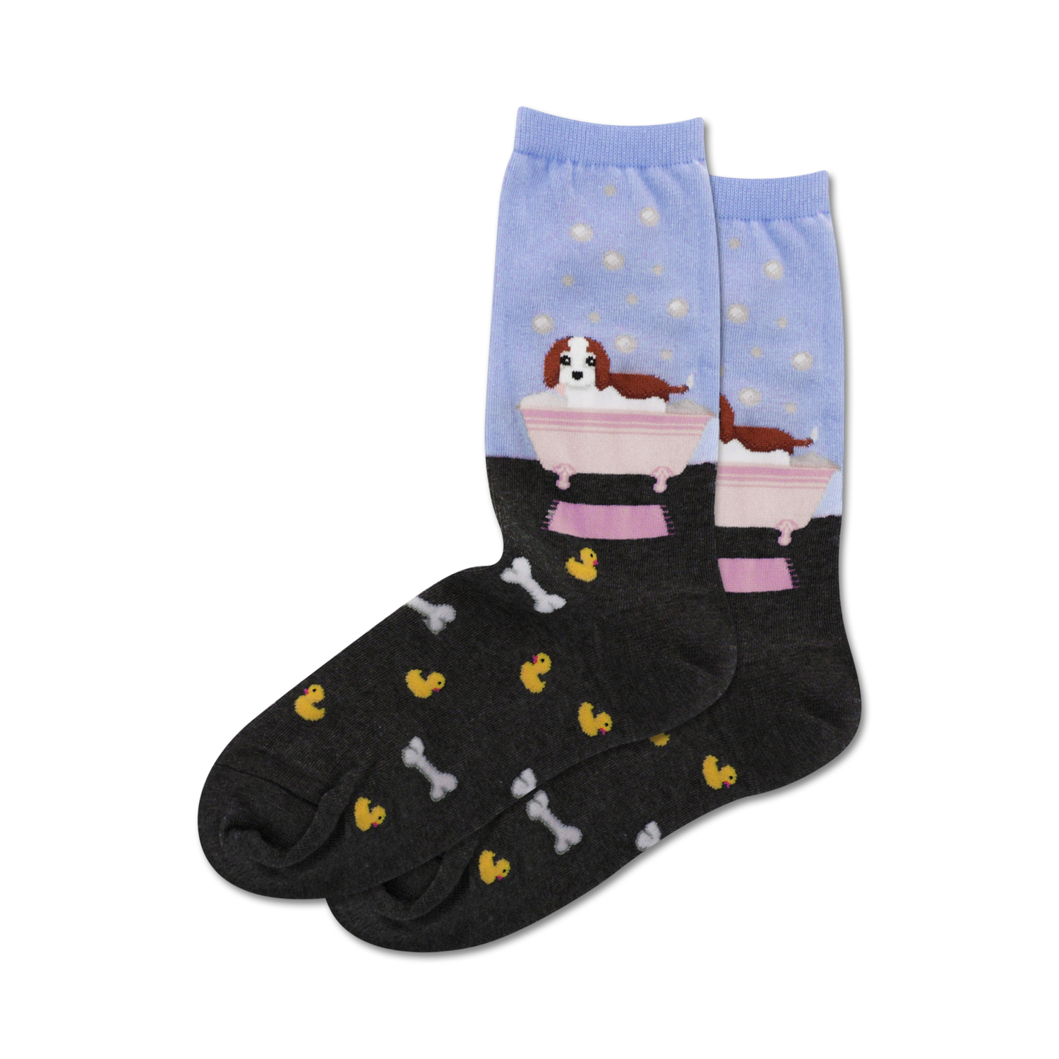 Crew socks in light blue and dark grey. Feature a Cavalier King Charles Spaniel in a bathtub with bubbles, and a pattern of rubber duckies and bones.