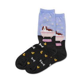 womens crew socks in blue, gray, and pink with rubber duckies, bones, and a dog in a bathtub design.   