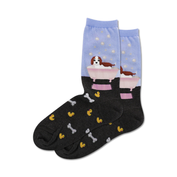 womens crew socks in blue, gray, and pink with rubber duckies, bones, and a dog in a bathtub design.   