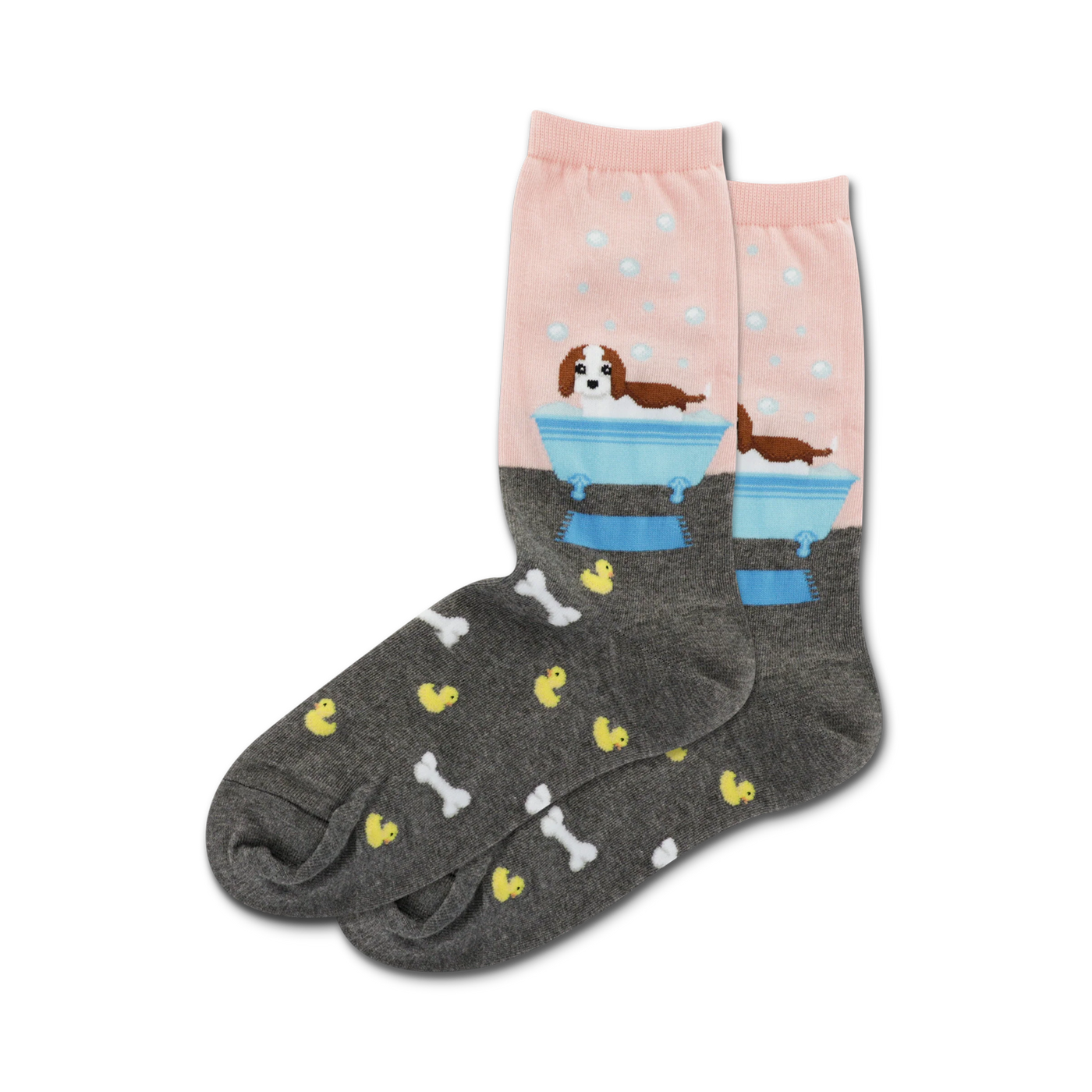 Lifestyle shot of Doggie Bath Time socks in pink and grey, worn on a model's feet.
