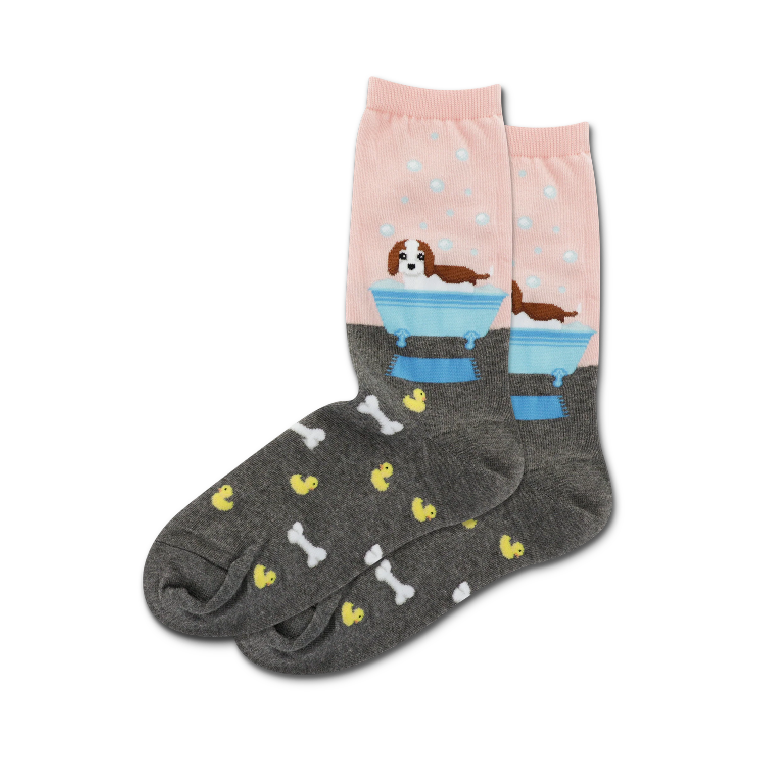 Lifestyle shot of Doggie Bath Time socks in pink and grey, worn on a model's feet.