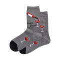 Pair of crew socks in grey and navy blue.  Design features wine bottles pouring into glasses and the text 'Wine Down'.