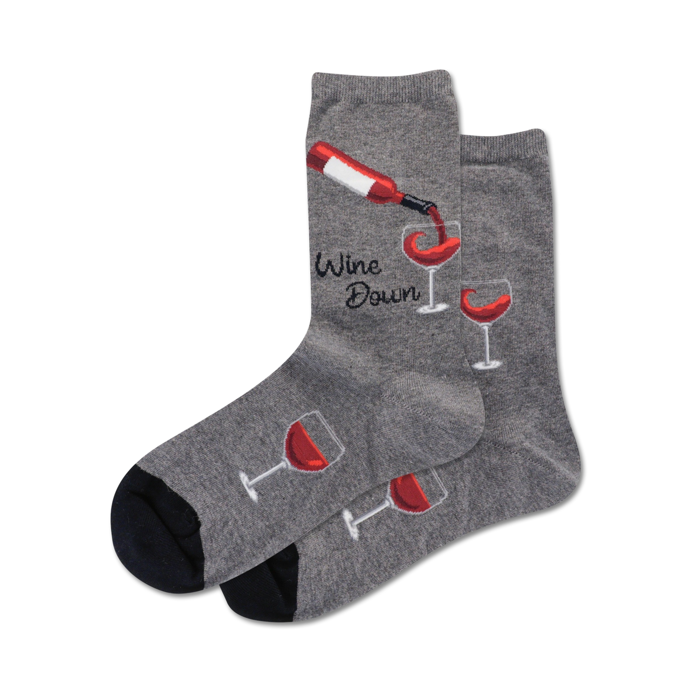 Pair of crew socks in grey and navy blue.  Design features wine bottles pouring into glasses and the text 'Wine Down'.