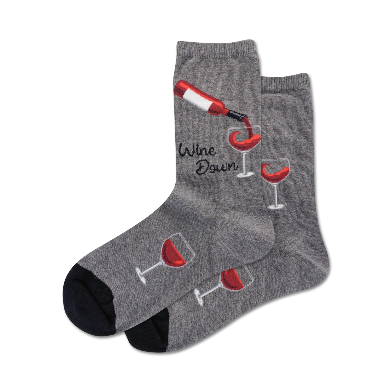 Pair of crew socks in grey and navy blue.  Design features wine bottles pouring into glasses and the text 'Wine Down'.