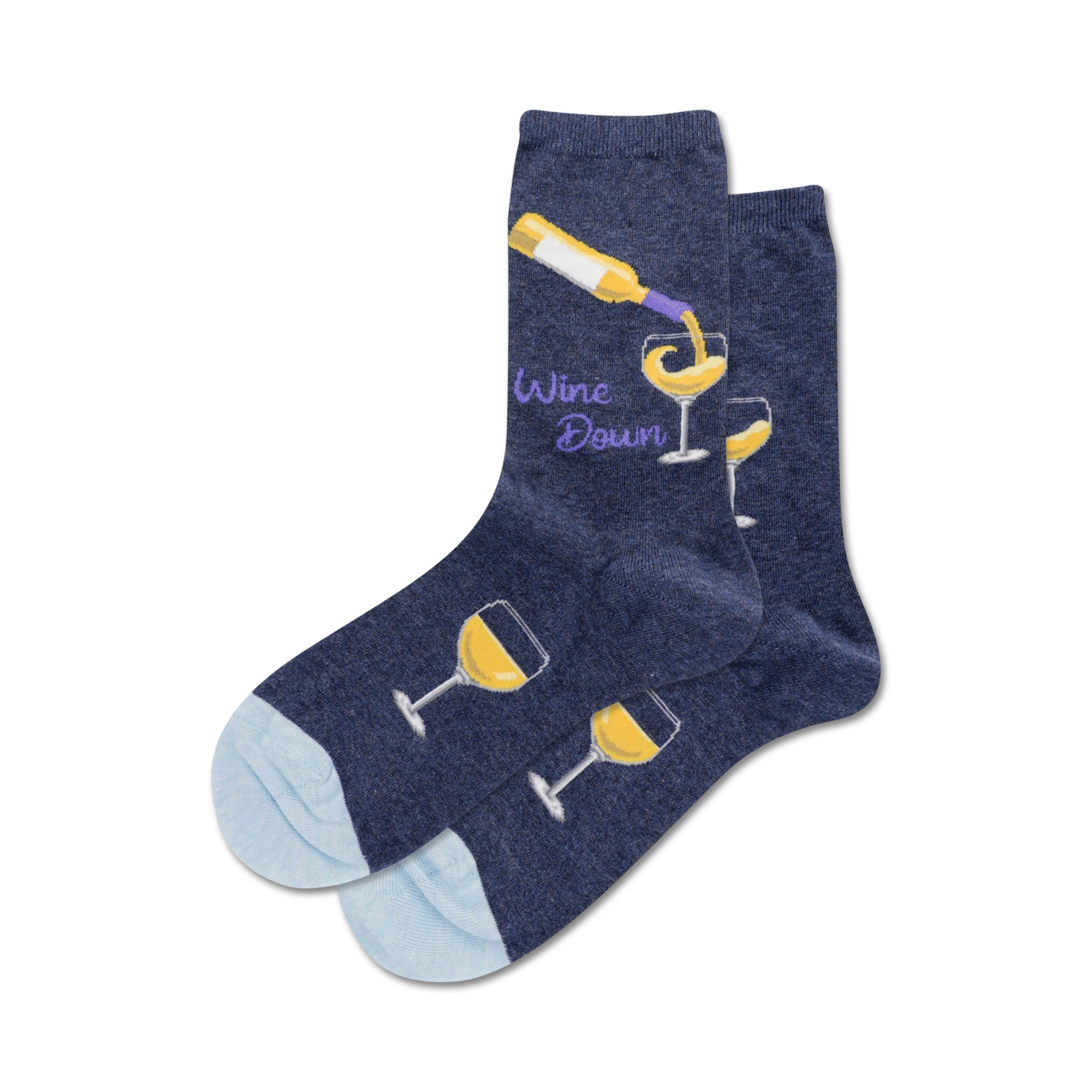 Close-up showing a navy blue pair of 'Wine Down' socks with a white wine design. The socks have a light blue heel and toe.