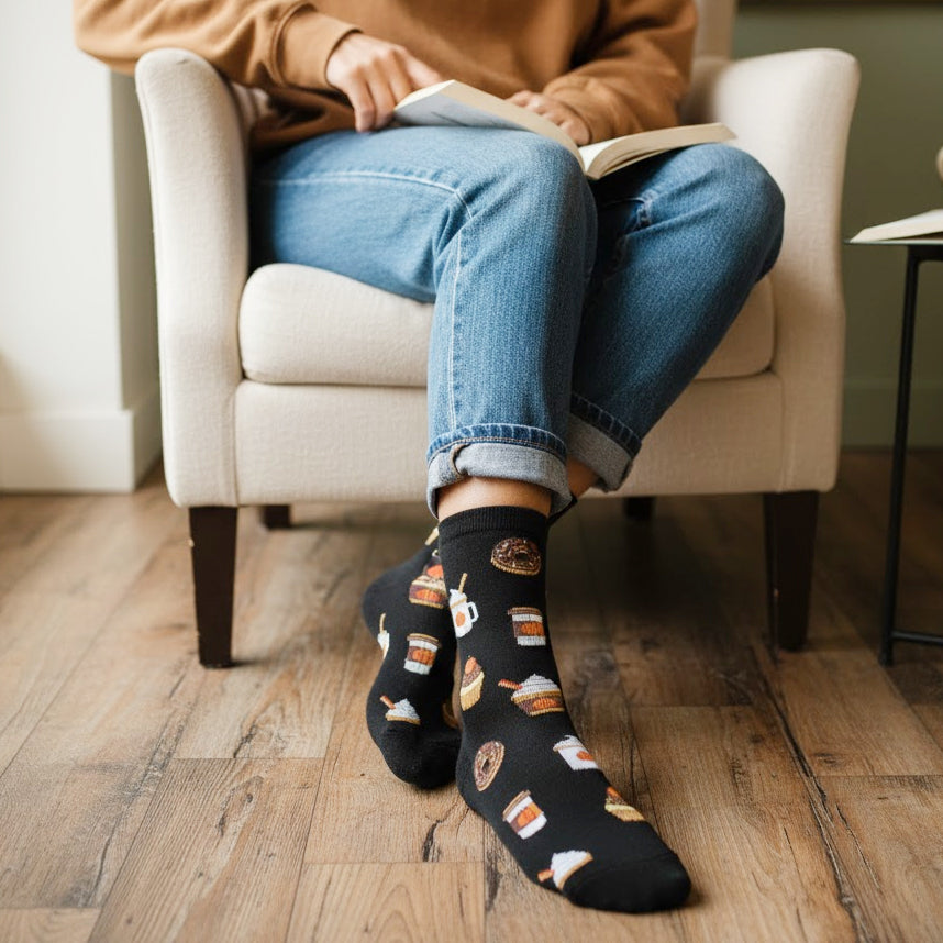 Cozy person in cuffed jeans wearing black coffee and donut crew socks, reading a book in an armchair. [lf]
