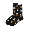 Pair of black crew socks with a whimsical pattern of pumpkin spice lattes, cupcakes, and donuts.