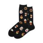 Pair of black crew socks with a whimsical pattern of pumpkin spice lattes, cupcakes, and donuts.