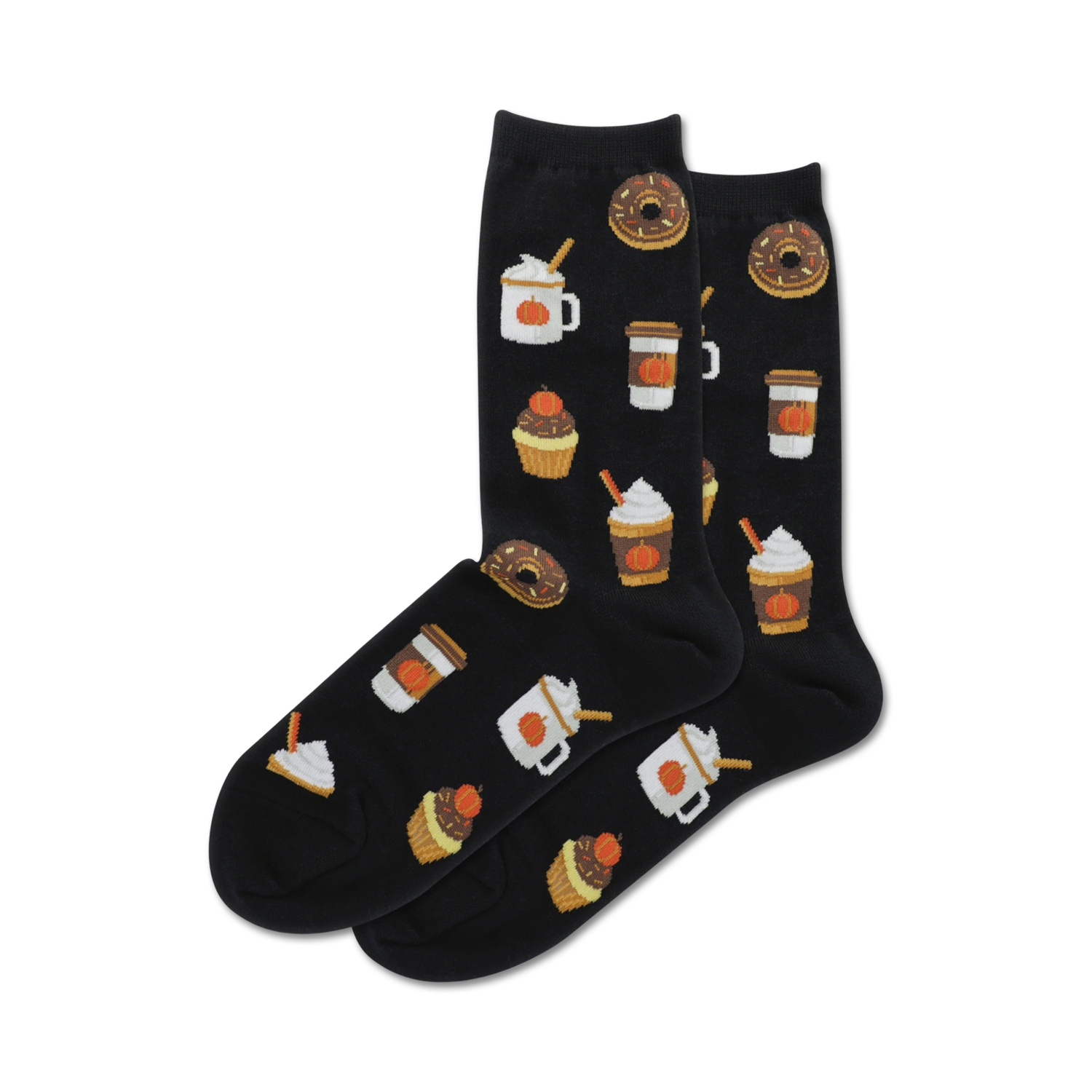 Pair of black crew socks with a whimsical pattern of pumpkin spice lattes, cupcakes, and donuts.