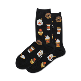 womens crew socks with colorful pattern of pumpkins, cupcakes, coffee cups, and donuts on black background.   