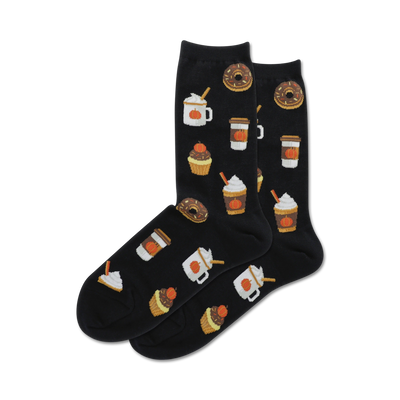 womens crew socks with colorful pattern of pumpkins, cupcakes, coffee cups, and donuts on black background.   