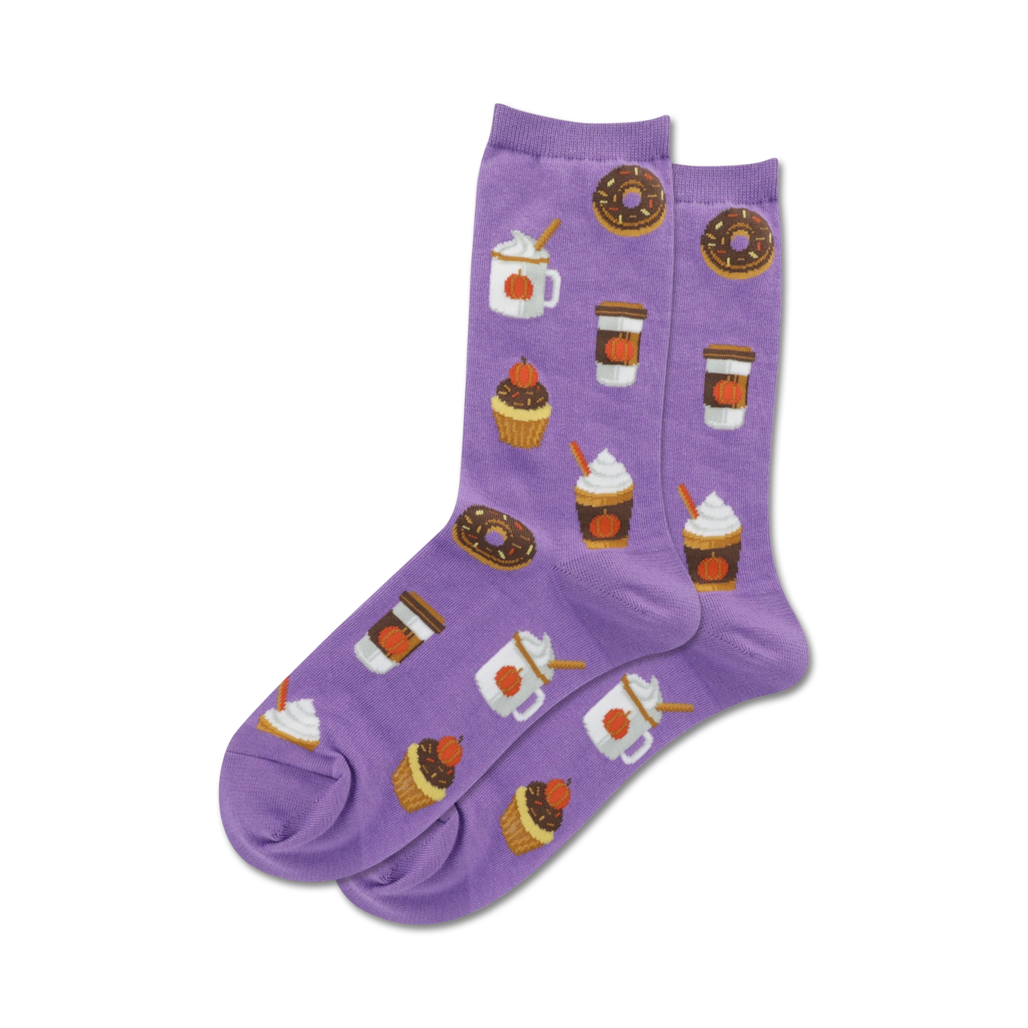 Lifestyle shot: A close-up of the purple Pumpkin Spice socks on a neutral background.