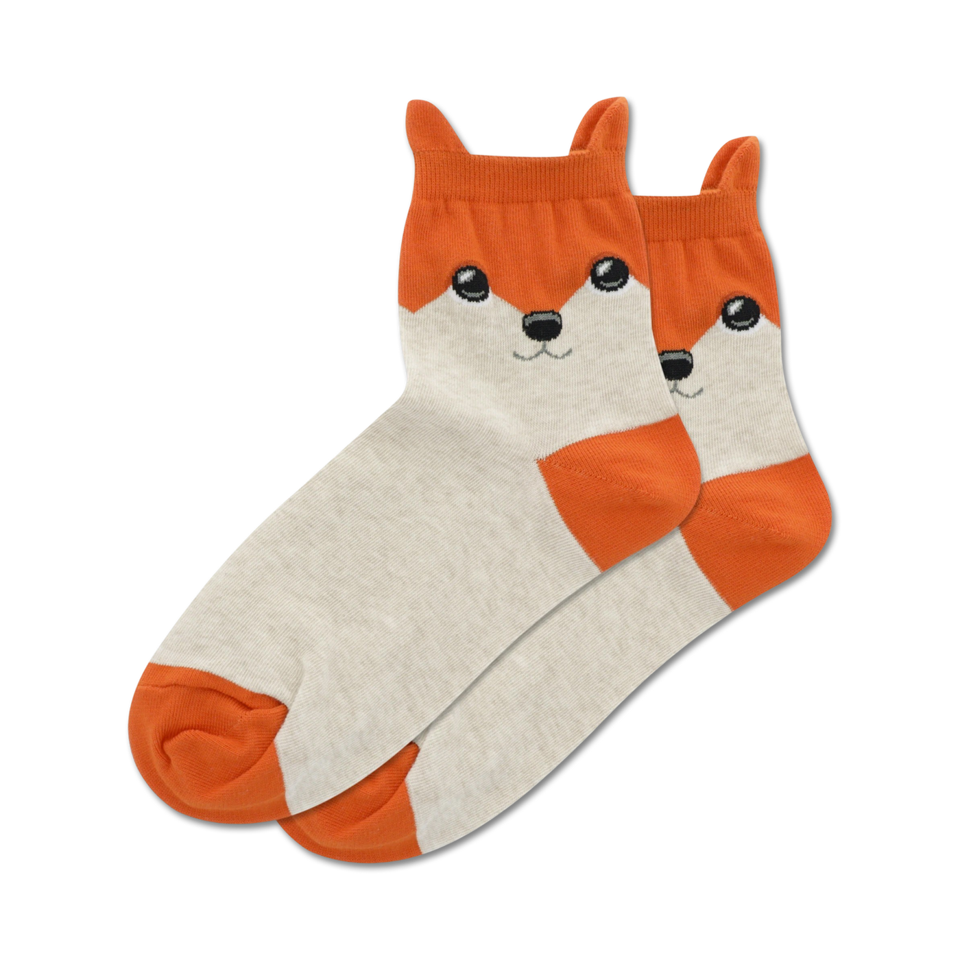 Pair of grey and orange fox anklet socks.  The socks feature a cute fox face design on the upper part of the sock.