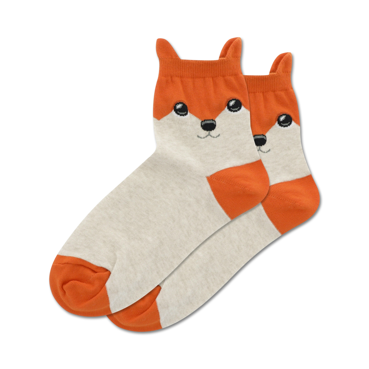 Pair of grey and orange fox anklet socks.  The socks feature a cute fox face design on the upper part of the sock.