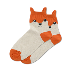 white and orange fox print crew socks for women.  