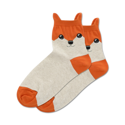 white and orange fox print crew socks for women.  