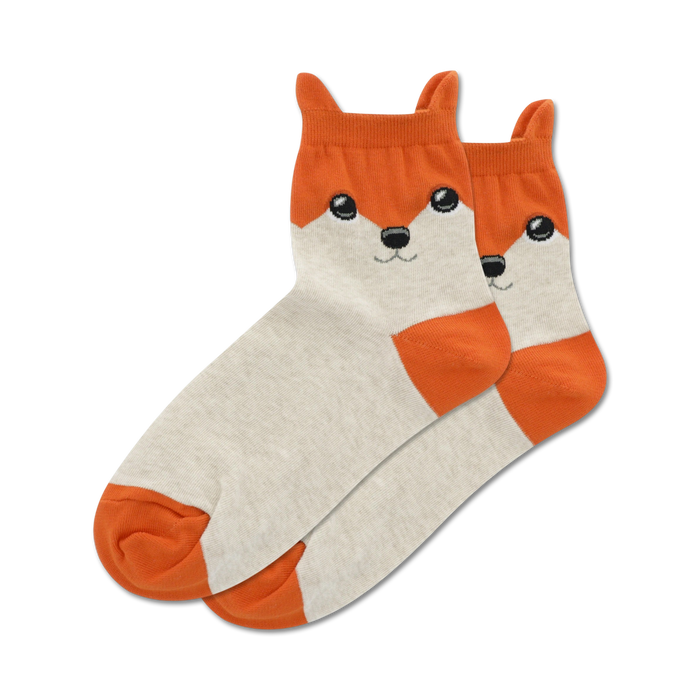 white and orange fox print crew socks for women.   }}