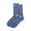 Pair of blue crew socks with colorful vegetable designs: carrots, tomatoes, radishes, and mushrooms.