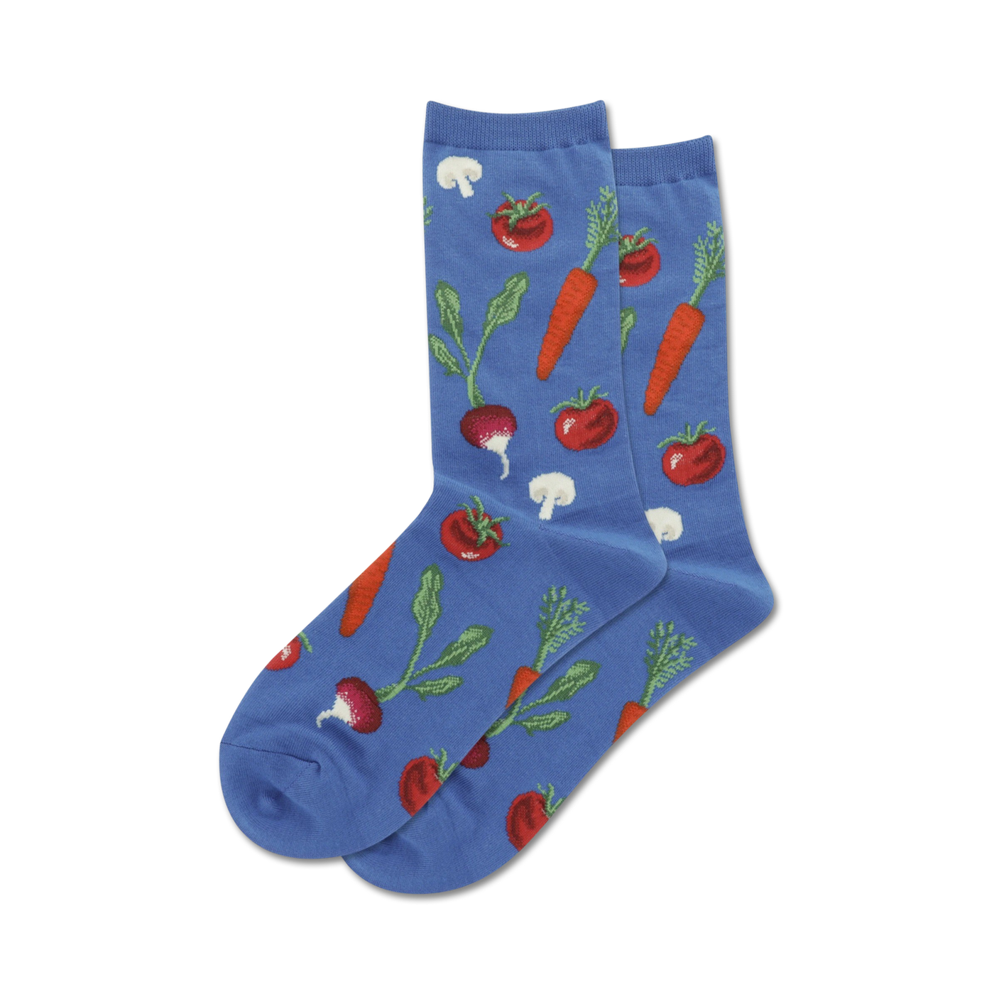 Pair of blue crew socks with colorful vegetable designs: carrots, tomatoes, radishes, and mushrooms.