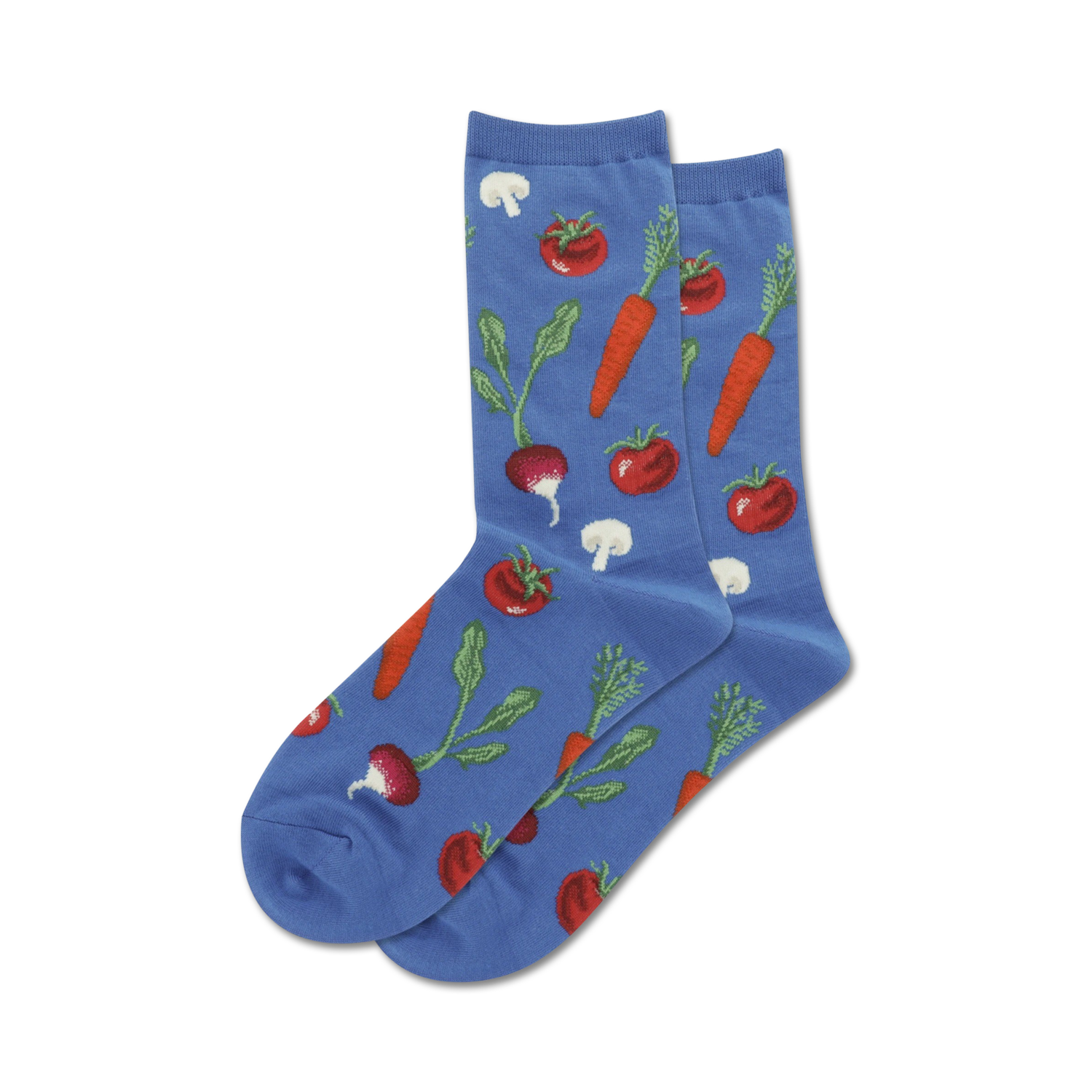 Pair of blue crew socks with colorful vegetable designs: carrots, tomatoes, radishes, and mushrooms.
