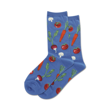 womens crew socks with a pattern of carrots, radishes, mushrooms, and tomatoes on a blue background.   
