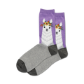 Pair of crew socks; purple with grey heel and toe; features a white llama wearing a flower crown.