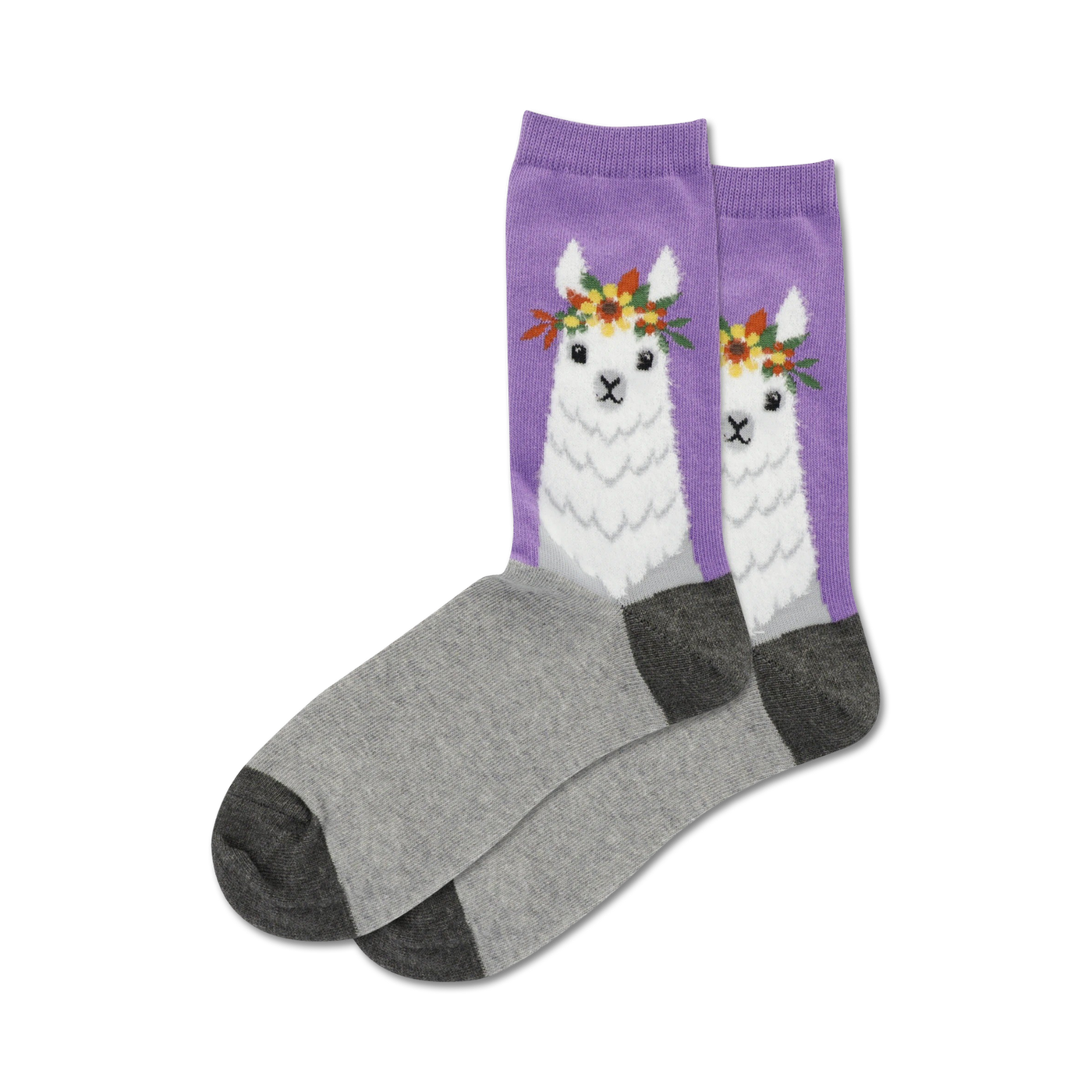 Pair of crew socks; purple with grey heel and toe; features a white llama wearing a flower crown.