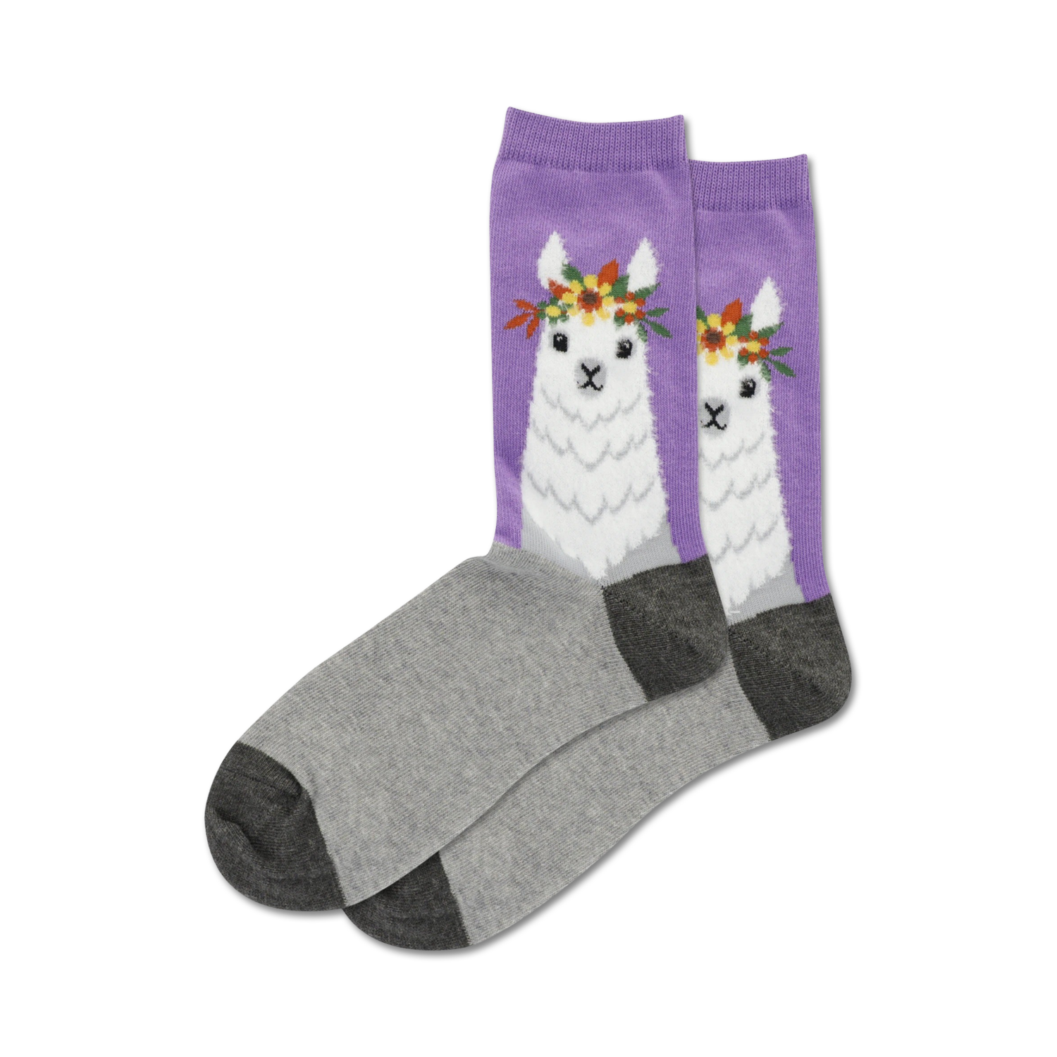 Pair of crew socks; purple with grey heel and toe; features a white llama wearing a flower crown.